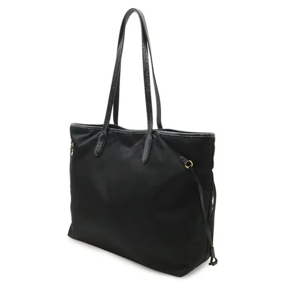 Prada Logo Tote Large Shoulder Bag Nylon Enamel Patent Nero - Picture 2 of 7